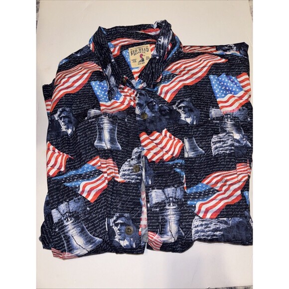 Red Head Men's Size XXL Short Sleeve Flag USA Button Down Shirt - Picture 1 of 5